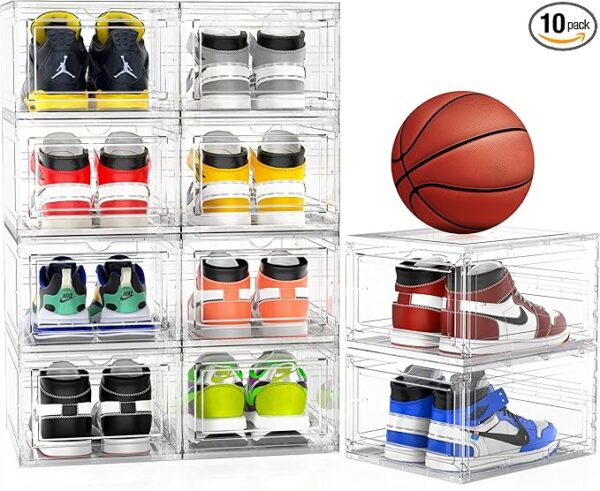 Mitees 10 Pack XX Large Thicken Sturdy Hard Plastic Clear Stackable Shoe Storage Boxes for Size 12