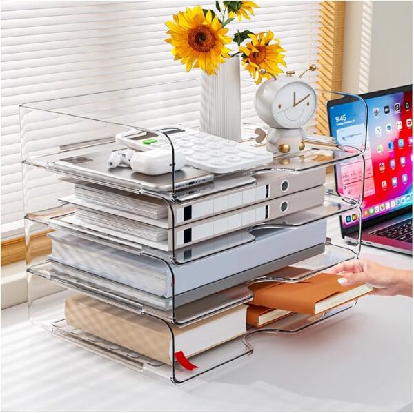 Paper Organizer Letter Tray, 4 Pack Acrylic Stackable Desk File Organizer, - Image 3