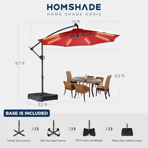 HOMSHADE 10ft Solar Lights Offset Cantilever Patio Umbrella - with Light and Base, - Image 3