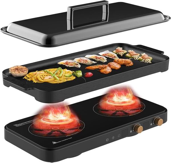 Induction cooker with 2 burners, detachable baking tray, non stick, temperature control option with timer,