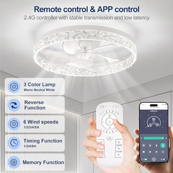 Ceiling Fans with Lights, Flush Mount Ceiling Fan with Lights and Remote, - Image 2