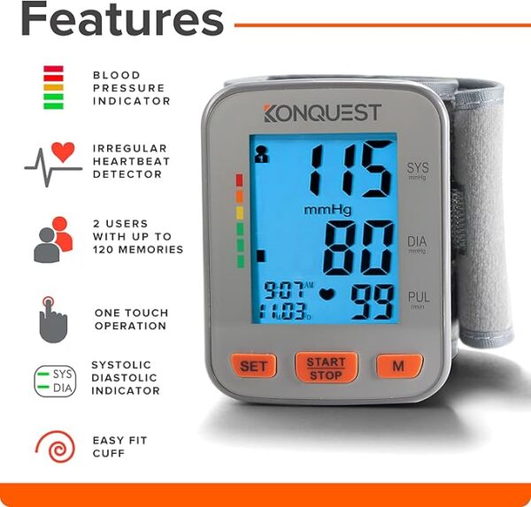 Konquest KBP-2910W Automatic Wrist Blood Pressure Monitor - Accurate - Adjustable Cuff, - Image 2