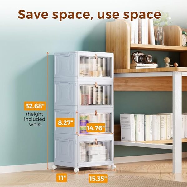 4 Tier Stackable Plastic Storage Bins with Lid and Wheels - 23 QT Closet Organizers and Storage, - Image 3