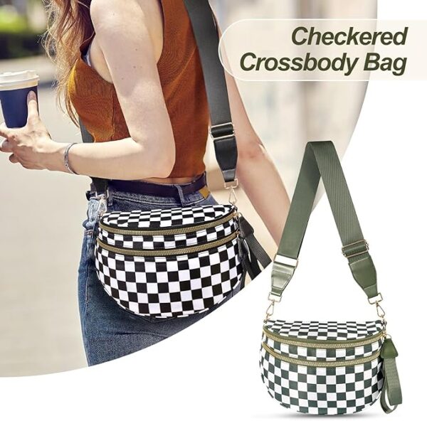Bum Bags for Women Crossbody, Black And White Nylon Checkered Crossbody Bum Bag, - Image 3