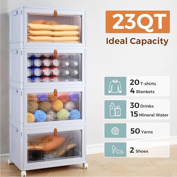 4 Tier Stackable Plastic Storage Bins with Lid and Wheels - 23 QT Closet Organizers and Storage, - Image 2