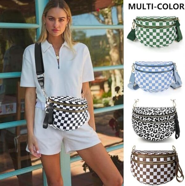 Bum Bags for Women Crossbody, Black And White Nylon Checkered Crossbody Bum Bag, - Image 2