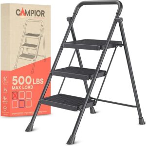 Black 3 Step Stool Foldable – Heavy-Duty Foldable Step Stool for Adults, 500 lbs Capacity,