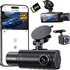 Miden X5 4K WiFi Dash Cam Front and Rear Inside, 2160P+1080P+1080P FHD 3 Channel Dash Camera