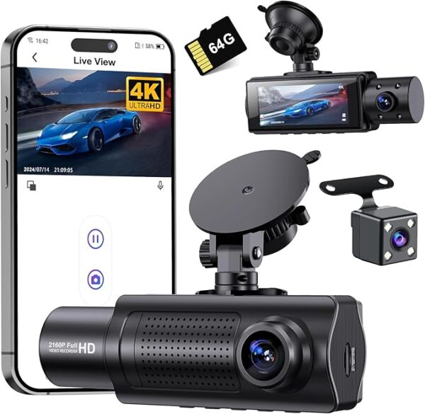 Miden X5 4K WiFi Dash Cam Front and Rear Inside, 2160P+1080P+1080P FHD 3 Channel Dash Camera
