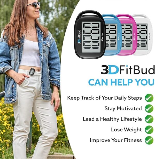 3DFitBud Simple Step Counter Walking 3D Pedometer from 3DActive with Clip & Lanyard - A420S - Image 3