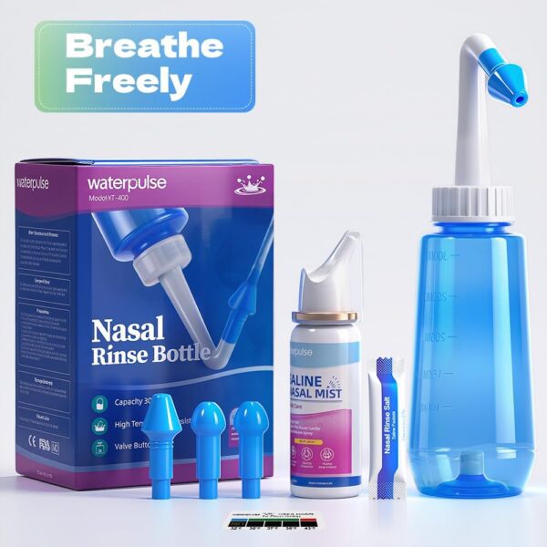 Waterpulse Saline Nasal Spray & Neti Pot Sinus Rinse Kit - Nasal Irrigation System with 4 Nozzles (Adult/Child) - Image 3