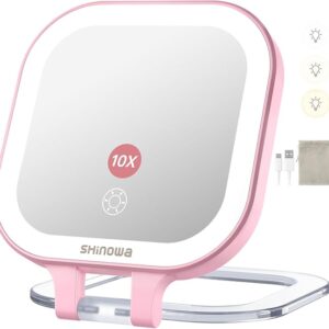 Shinowa Rechargeable Travel Makeup Mirror with 44 LED Lights, 1X/10X Magnifying Vanity Mirror with 3 Color Light,