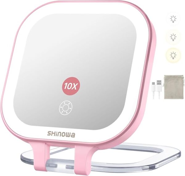 Shinowa Rechargeable Travel Makeup Mirror with 44 LED Lights, 1X/10X Magnifying Vanity Mirror with 3 Color Light,