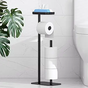 Kitsure Toilet Paper Holder Free Standing – Rustproof Metal Toilet Paper Stand for 4 Rolls with Anti-Slip Base and Shelf for Phone & Small