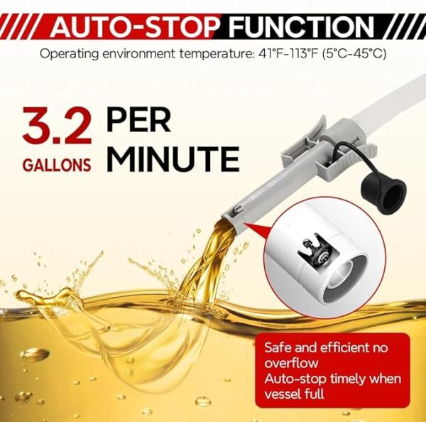 Fuel Transfer Pump with Auto Stop Sensor, 3.2 GPM Portable Fuel Pump, 51" Extra Long Hose Transfer Pump, - Image 3