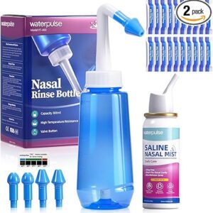 Waterpulse Saline Nasal Spray & Neti Pot Sinus Rinse Kit - Nasal Irrigation System with 4 Nozzles (Adult/Child)