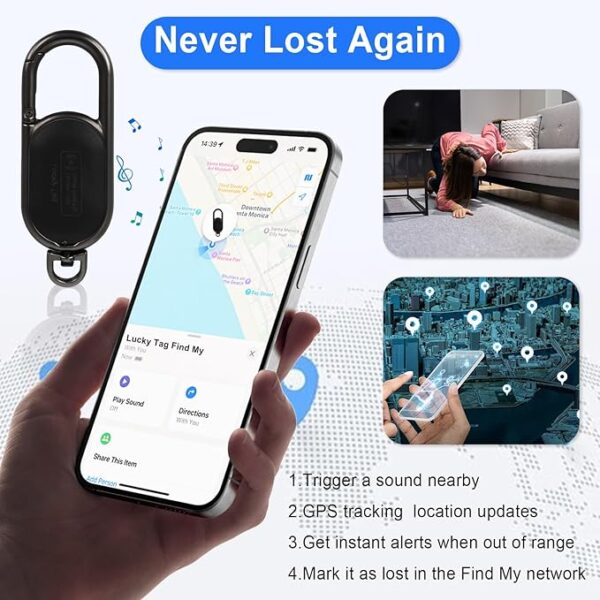 GPS Tracker Keychain - Apple Find My Compatible, Sound Alert & Global Tracking for Forgetfulness Prevention, Black - Image 2