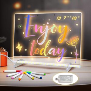 LED Note Board with Colors, 13.7"X10" 4 Modes & 7 Colors Acrylic Dry Erase Board with Light, Include Adapter,