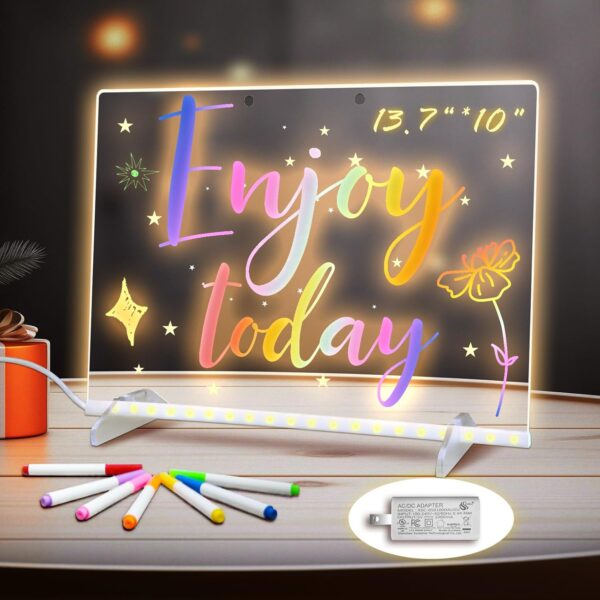 LED Note Board with Colors, 13.7"X10" 4 Modes & 7 Colors Acrylic Dry Erase Board with Light, Include Adapter,
