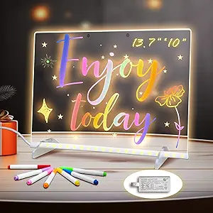 LED Note Board with Colors, 13.7"X10" 4 Modes & 7 Colors Acrylic Dry Erase Board with Light, Include Adapter,