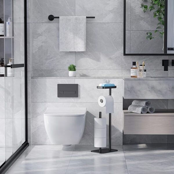 Kitsure Toilet Paper Holder Free Standing – Rustproof Metal Toilet Paper Stand for 4 Rolls with Anti-Slip Base and Shelf for Phone & Small - Image 2