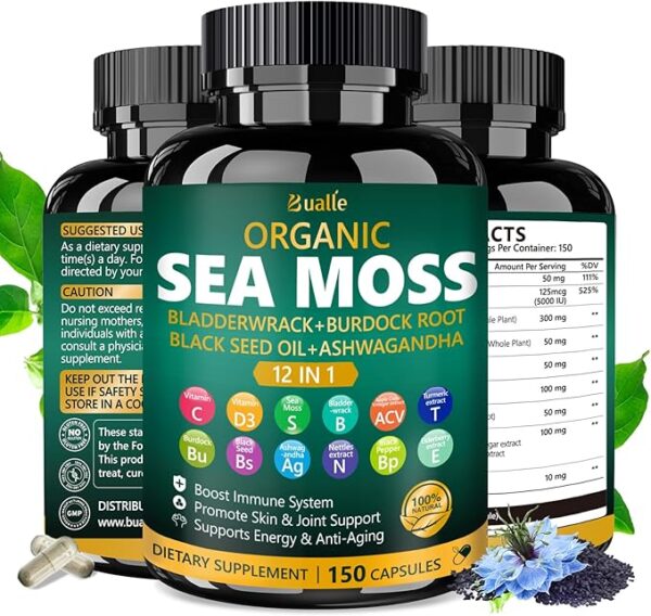 Organic Sea Moss Capsules with Sea Moss,Black Seed Oil,Ashwagandha,Bladderwrack,Ginger,Burdock Root for Immune - Image 2