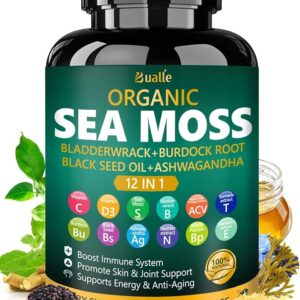 Organic Sea Moss Capsules with Sea Moss,Black Seed Oil,Ashwagandha,Bladderwrack,Ginger,Burdock Root for Immune