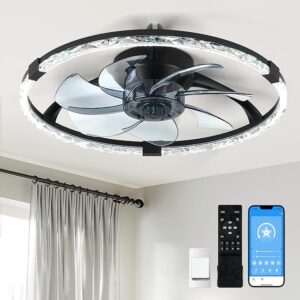 Flush Mount Ceiling Fans with Lights and Remote, 19.7'' Ultra Low Profile Ceiling Fan, 3000K-6500K Dimming Modern LED Fan Light,