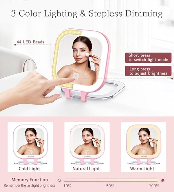 Shinowa Rechargeable Travel Makeup Mirror with 44 LED Lights, 1X/10X Magnifying Vanity Mirror with 3 Color Light, - Image 3