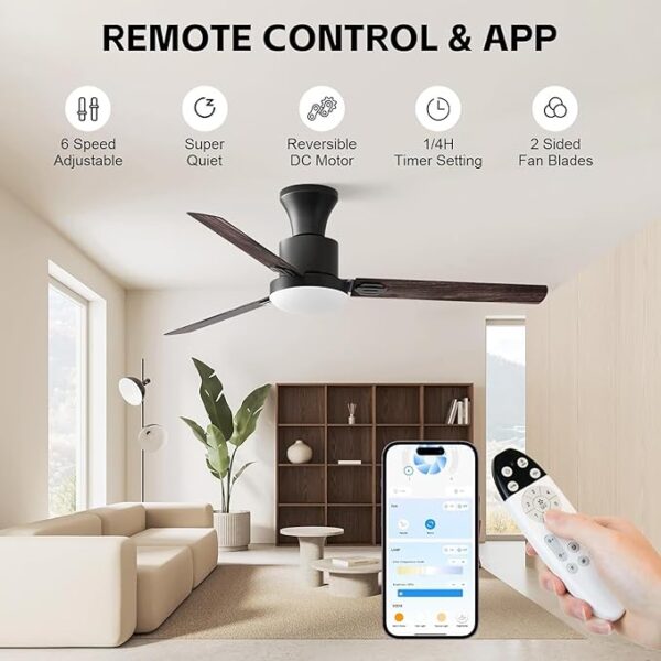 Obabala Ceiling Fans with Lights, 42 inch Flush Mount Ceiling Fan with Light and Remote Control & APP Reversible Dimmable Noiseless Ceiling Fan for Bedroom Indoor/Outdoor - Image 2