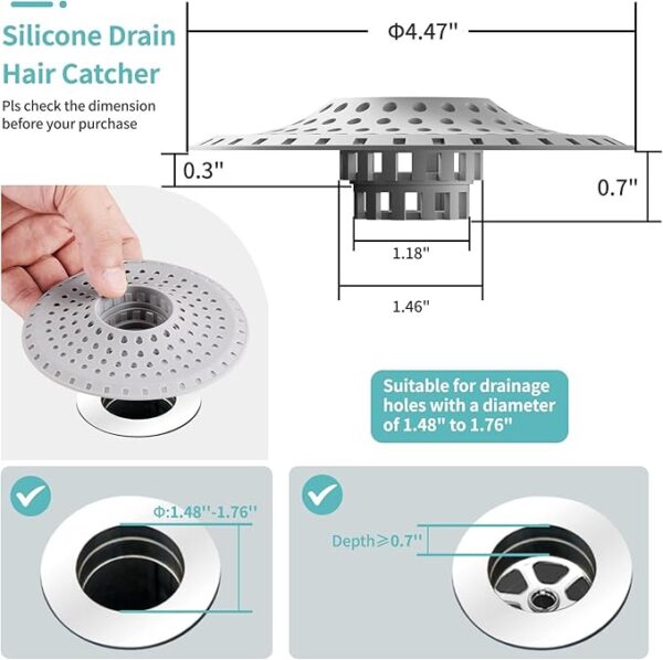 Bathtub Drain Hair Catcher,Silicone Tub Hair Catcher Drain Protector,All-in-one Shower Hair Drain Catcher Strainer for 1.48'' to 1.76'' Regular Drains, 3PCS - Image 2