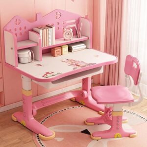Kids Adjustable Study Desk & Chair Set w/Storage,Drawers,Bookshelf,Child Toddler Writing Homework Table,