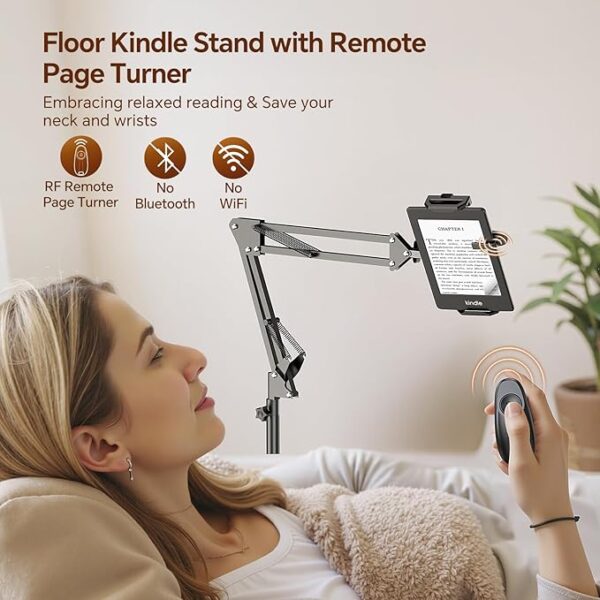 Floor Kindle Holder with Remote Page Turner for Reading in Bed, Tablet Stand with Universal Lazy Arm for Kindle Accessories, - Image 3