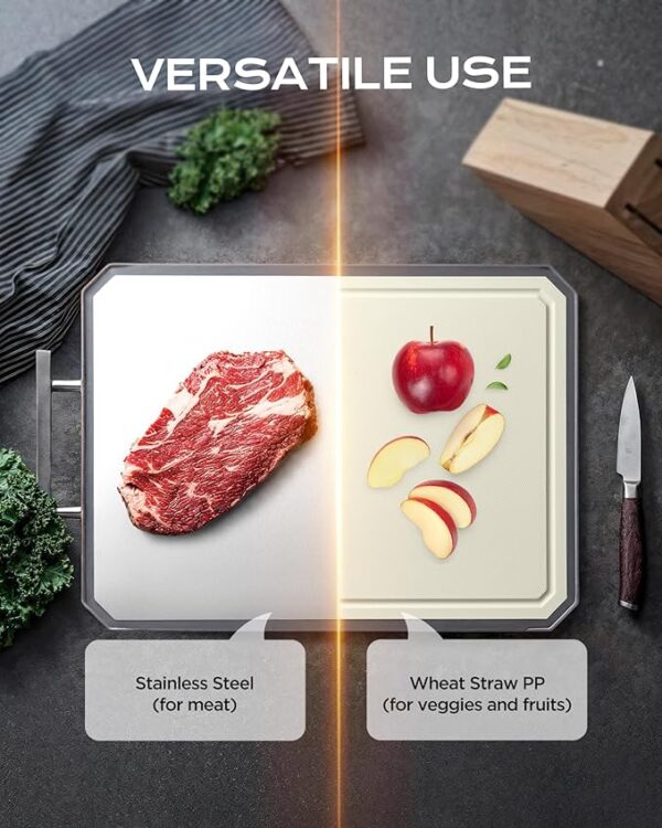 SNOWCLAD Stainless Steel Cutting Board,Double Sided Steel Cutting Boards for kitchen,Stainless Steel/Wheat straw pp Large Board for meat - Image 3