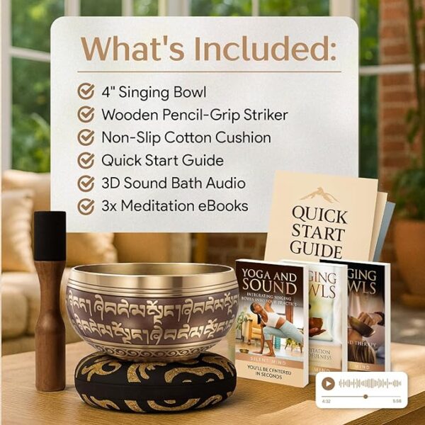Handmade Tibetan Etched Singing Bowl Set – Sound Bowl & Meditation Bowl with Cushion, Mallet & Guide – Yoga Kit - Image 3