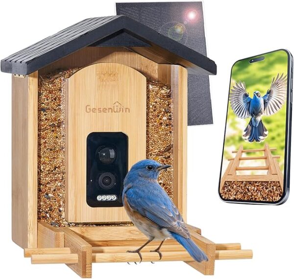 Smart Bird Feeder with Camera for Wild Birds - Identifies 11,000+ Species, Solar Panel Wireless Outdoors Bamboo