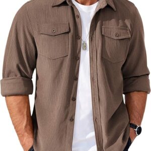 COOFANDY Men's Corduroy Button Down Shirts Jackets Casual Long Sleeve Shacket Lightweight Overshirts with Flap Pockets