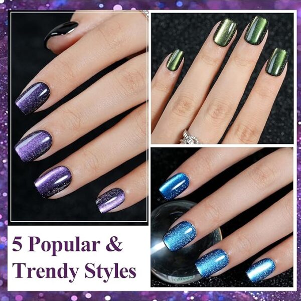 Cat Eye Press on Nails Short 5 Styles, Jofay Fashion 160Pcs Salon-Like Fake Nails with Glitter Chasing Light Cat Eye Designs, - Image 3