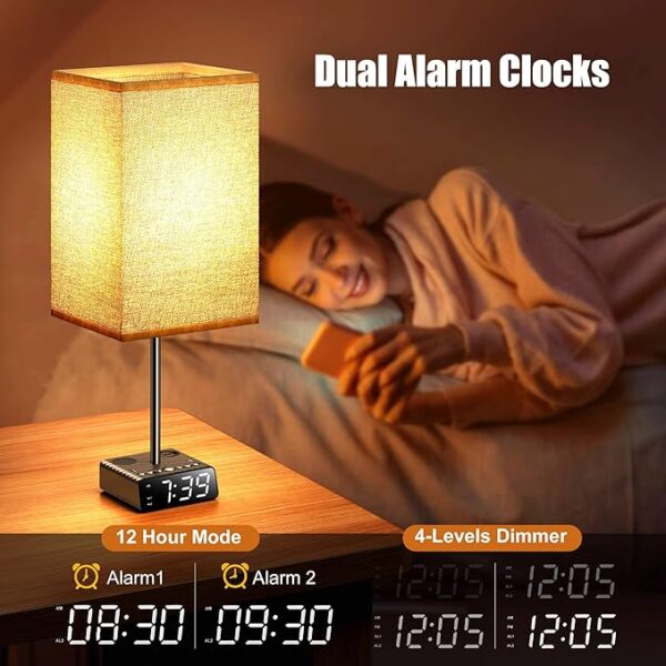 Bedside Lamp with Alarm Clock&Charging Station - 2 Alarm Clock+ 2AC + 1USB-A + 1USB-C - Image 3