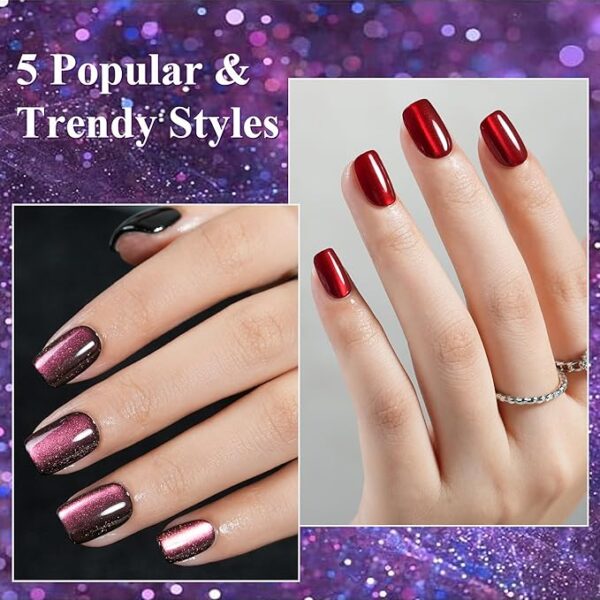 Cat Eye Press on Nails Short 5 Styles, Jofay Fashion 160Pcs Salon-Like Fake Nails with Glitter Chasing Light Cat Eye Designs, - Image 2