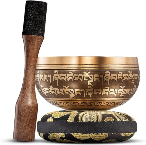 Handmade Tibetan Etched Singing Bowl Set – Sound Bowl & Meditation Bowl with Cushion, Mallet & Guide – Yoga Kit - Image 2