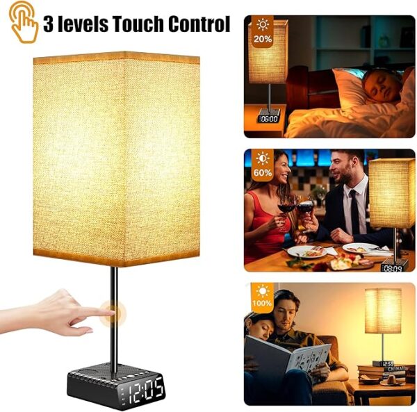 Bedside Lamp with Alarm Clock&Charging Station - 2 Alarm Clock+ 2AC + 1USB-A + 1USB-C - Image 2