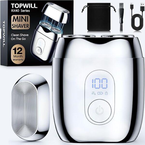 Alloy Mini Electric Shaver for Men - Visual System with Display & Mirror, Portable Rotary Face Razor for Short Beard, Gift, Wet/Dry IPX7 Waterproof Cordless USB-C for Travel, RX40 Series
