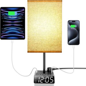Bedside Lamp with Alarm Clock&Charging Station - 2 Alarm Clock+ 2AC + 1USB-A + 1USB-C