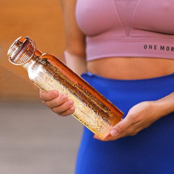 Cop29 Dual Hammered + Hand Engraved Premium Design Pure Copper Mira Glossy Water Bottle with Handle : An Ayurvedic Copper Vessel - 900ml/30oz - Image 2
