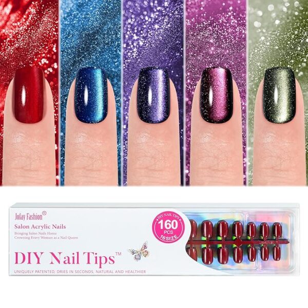 Cat Eye Press on Nails Short 5 Styles, Jofay Fashion 160Pcs Salon-Like Fake Nails with Glitter Chasing Light Cat Eye Designs,