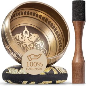 Handmade Tibetan Etched Singing Bowl Set – Sound Bowl & Meditation Bowl with Cushion, Mallet & Guide – Yoga Kit