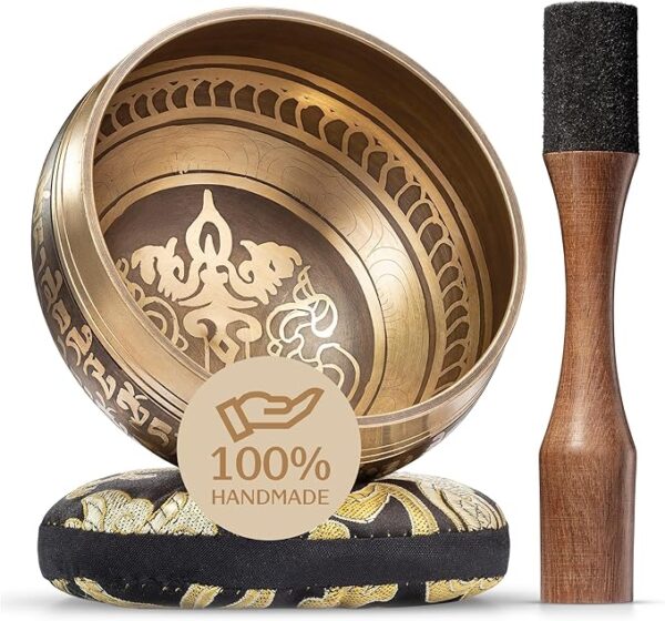 Handmade Tibetan Etched Singing Bowl Set – Sound Bowl & Meditation Bowl with Cushion, Mallet & Guide – Yoga Kit