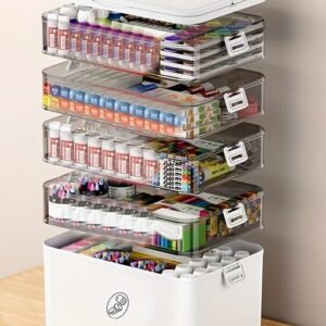 5-Tier Art Supply Storage Organizer, Clear Stackable Drawers, Portable Craft Container with Lid, White Base