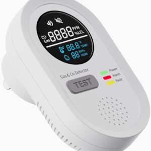 4-in-1 Gas and Carbon Monoxide Detectors, Detectors Plug in, Temperature and Humidity Monitoring, Audible Light Effect Alarm, Gas Monitor Sensor Suitable for Kitchen, RV, Apartment (1, White)